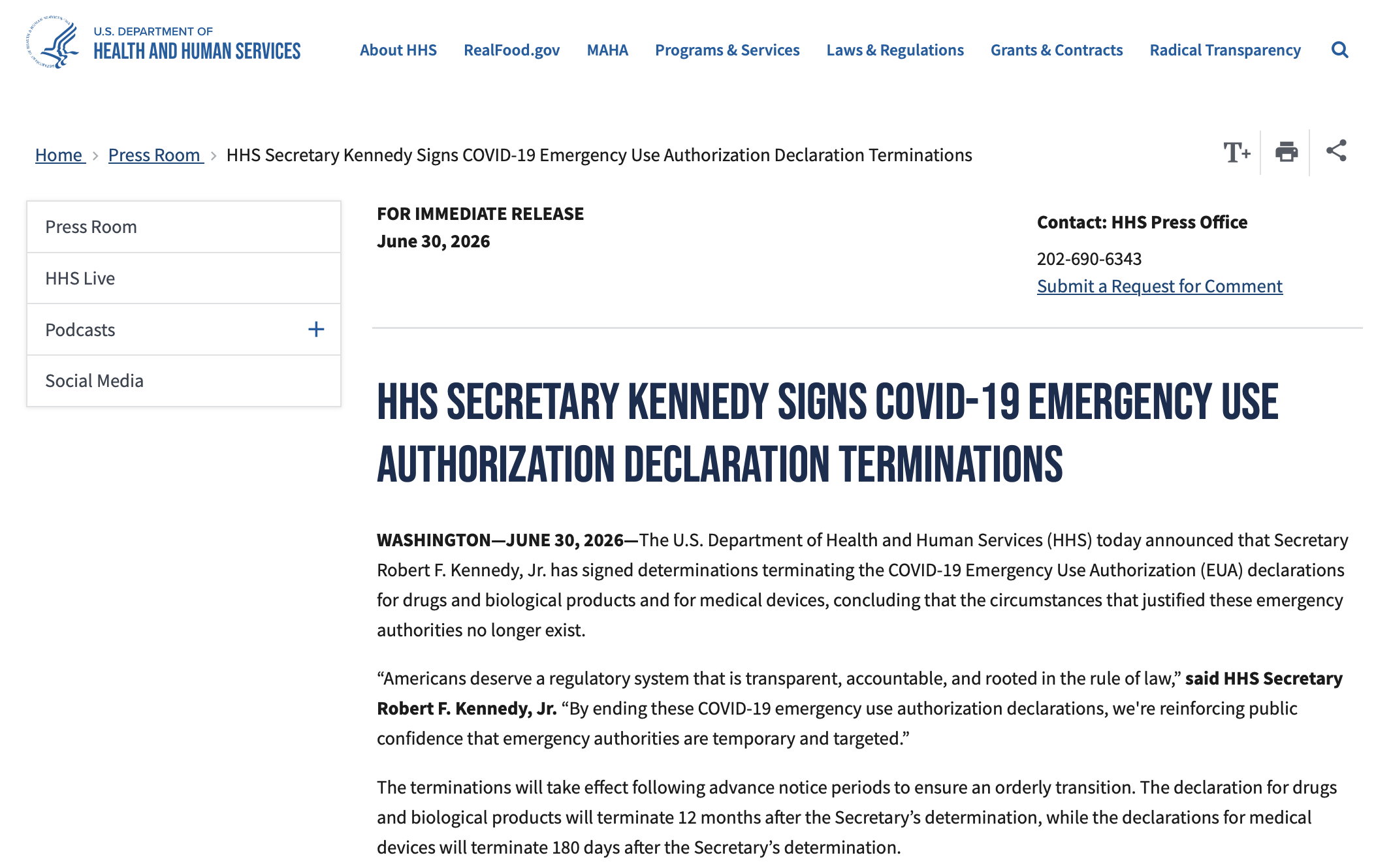 HHS Secretary Kennedy Signs COVID-19 Emergency Use Authorization Declaration Terminations